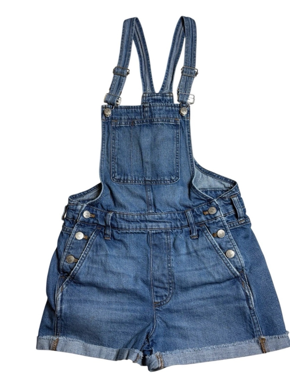 Madewell Denim Bib Shorts Shortalls Adjustable XS Raw Hem Cuffed Festival